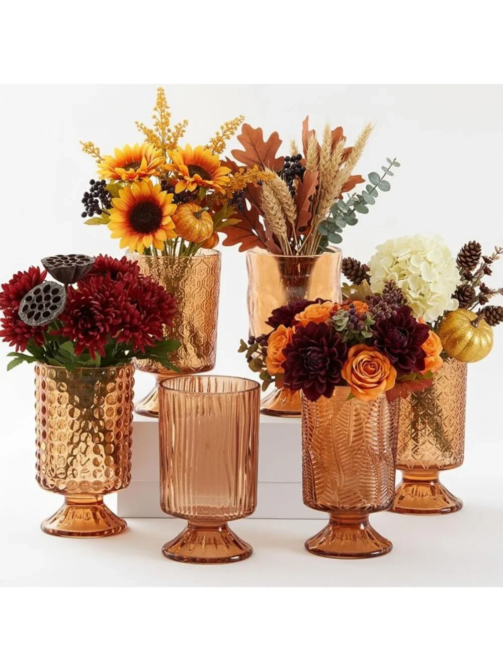 Set of 6 Embossed Flower Vases - 7” Tall Amber Glass Pedestal Decor